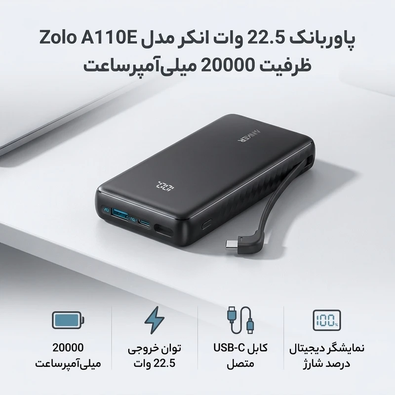 پاوربانک 22.5 وات انکر مدل A110E ظرفیت 20000 میلی آمپر ساعت