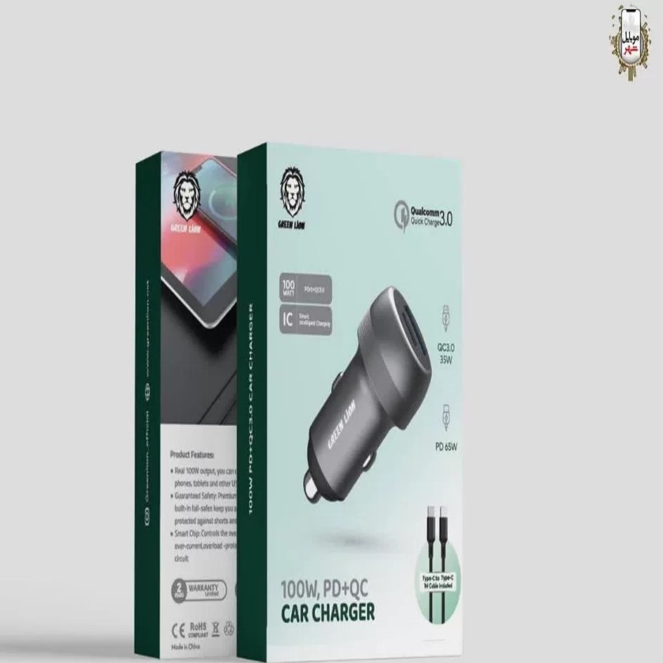 شارژر فندکی 100 وات گرین لاین مدل PD+QC به همراه کابل Type-C به Type-C